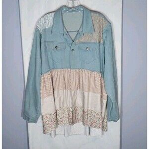 Cottagecore Denim Patchwork Shirt Jacket XXXL Lace Floral Ruffle Boho Shacket